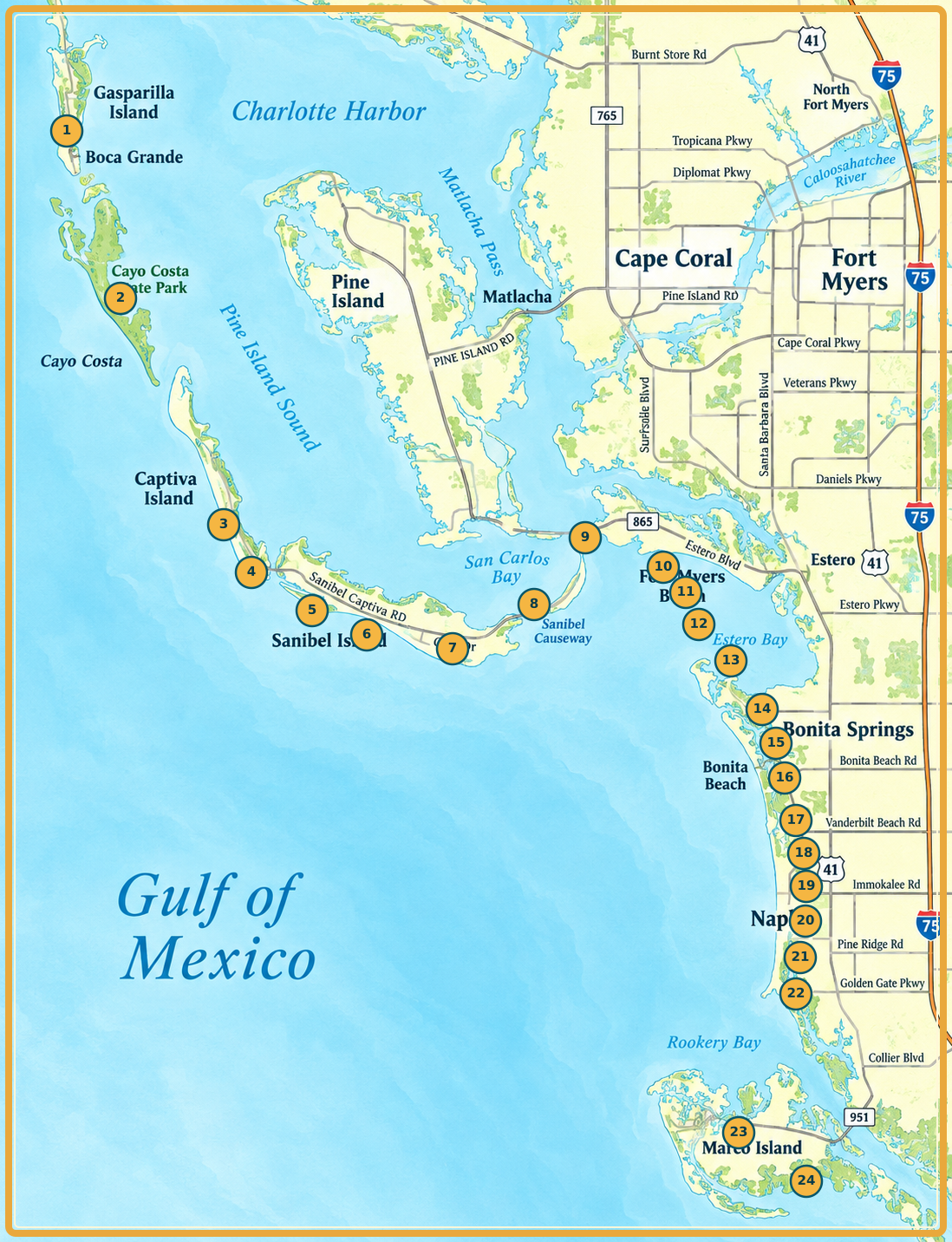 Southwest Florida beach map with 24 numbered locations from Boca Grande to Marco Island